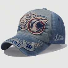 Gorra de béisbol con estampado de tiburón desgastado, estilo vintage y versátil de hip hop, adecuada para la calle, viajes, ajustable, para todas las estaciones - Tiburón parche - Ver 3