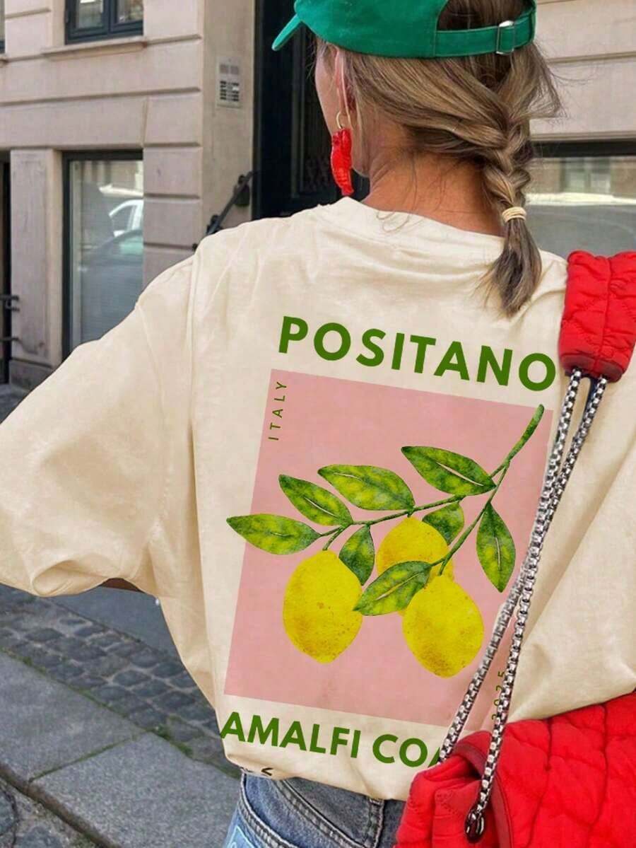 Camiseta de manga corta de cuello redondo con estampado de limón y letra de moda sencilla y versátil, adecuada para mujeres,Playera Gráfica Oversized Mujer Verano Casual - Albaricoque - Ver 1