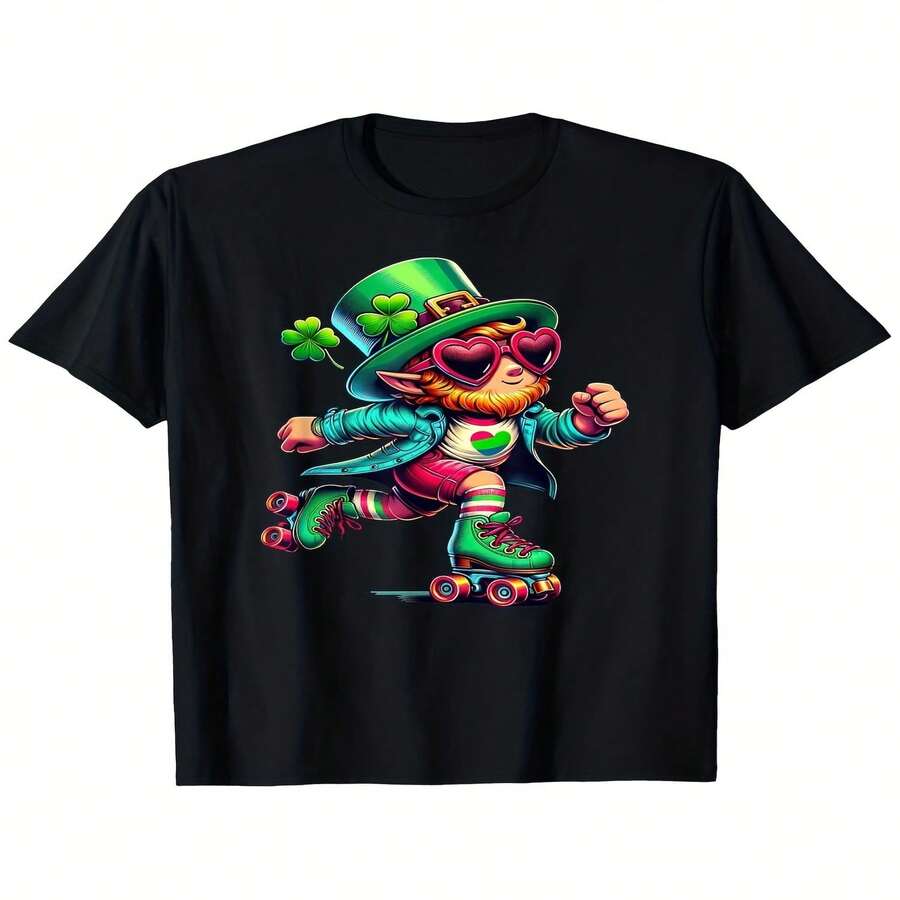 Decoraciones exclusivas para el Día de la Independencia, el Día del Padre y el Día de San Patricio, camiseta unisex con estampado de elfo patinando, top de manga corta para todas las estaciones, apto para hombres y mujeres, listo para usar, tallas S-XXXL, nuevo estilo de verano 2025, algodón puro, peso de 220 g, camisa estampada de manga corta. - Negro - Ver 1