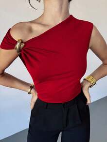 Asymmetrical Off-The-Shoulder Top With Metallic Embellishments, Stylish And Casual, Suitable For Going Out, Parties, And Other Occasions/Autumn For Women/Halloween Costume For Women/Red Christmas T-Shirt/New Year's Top/Elegant Top For Women - 紅色的 - 查看 6