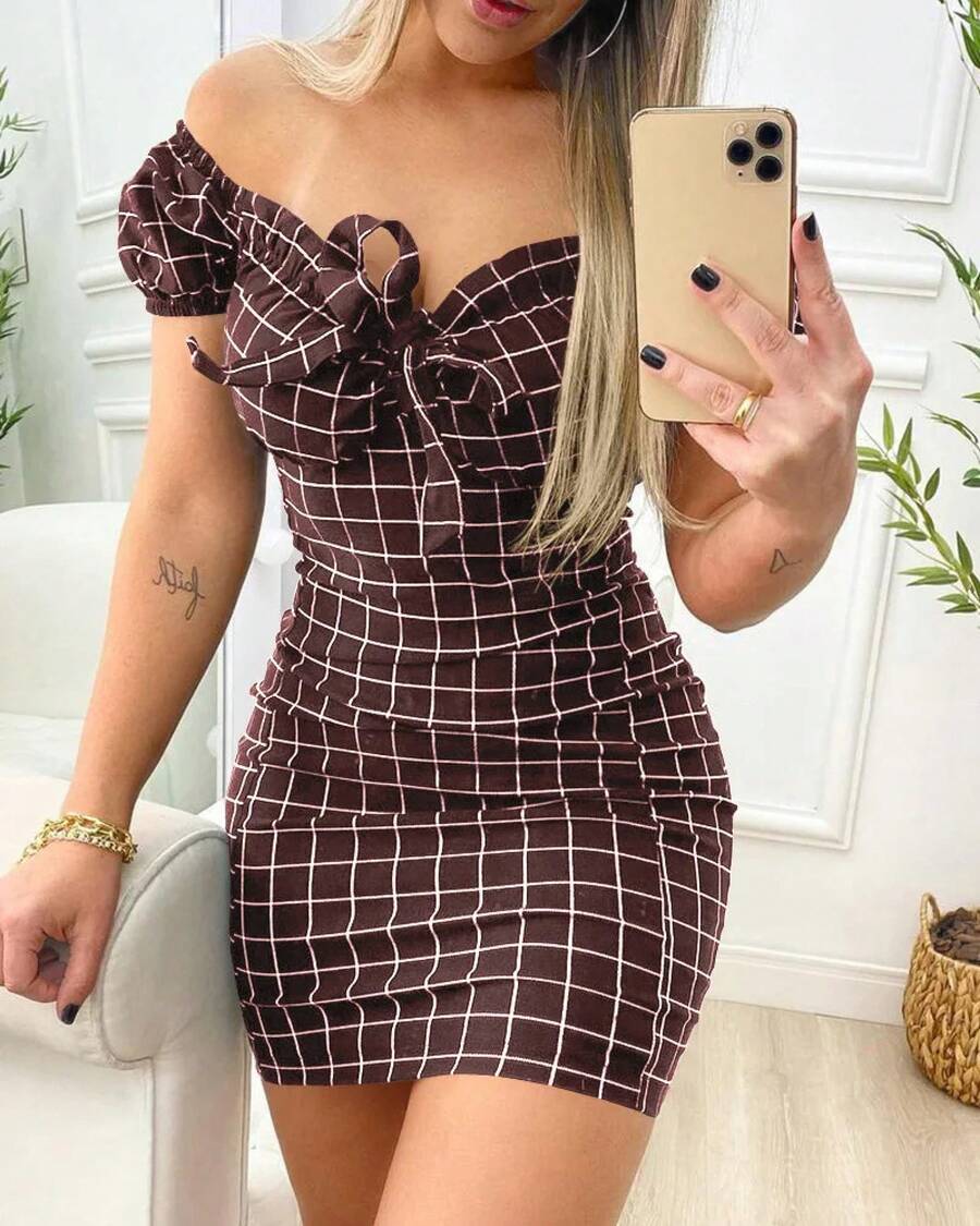 Vestido de verano sexy paquete nalgas falda corta de vestido con estampado de rejilla transfronteriza - vino tinto - Ver 1
