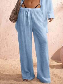 Pantalones anchos de verano para mujer con cintura anudada y unicolor - Celeste - Ver 8