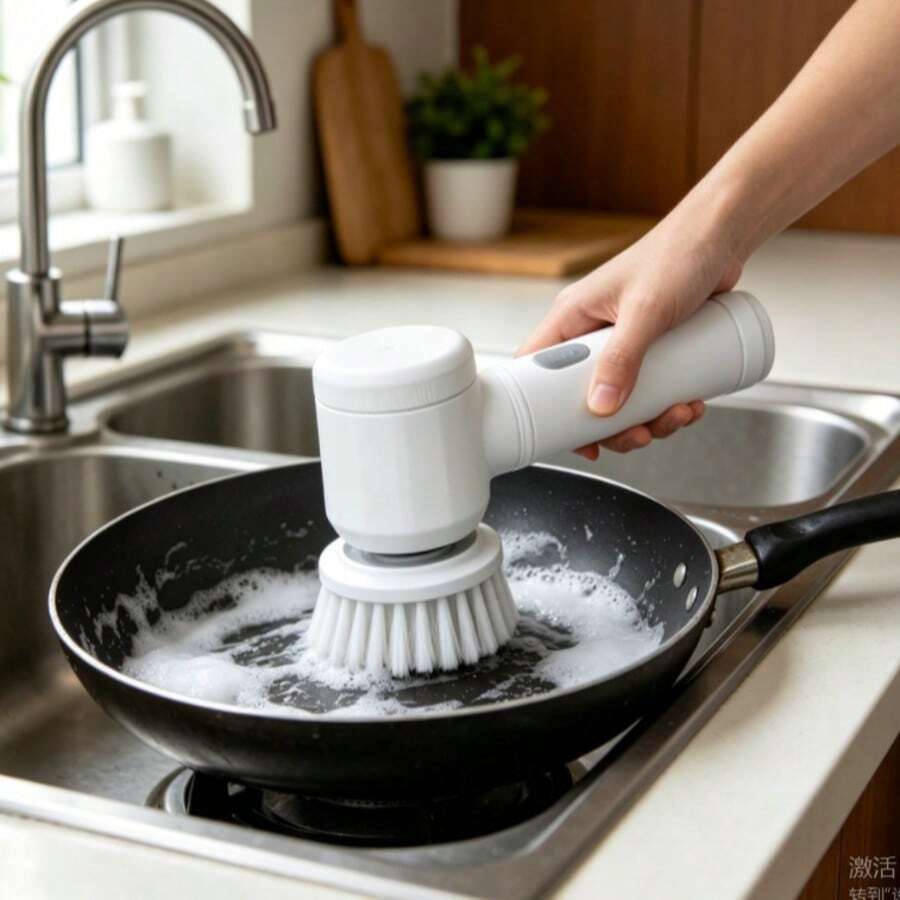 Bàn chải cọ nồi cán dài 6 trong 1 tích hợp vòi xịt nước tự động, bàn chải rửa chén bằng bọt biển, dụng cụ đa năng để vệ sinh nồi và cửa sổ nhà bếp. - B-trắng - Xem 1