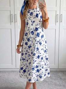 LUNE Vestido midi casual y elegante de cuello redondo, sin mangas, con bajo acampanado y estampado floral retro - Azul y blanco - Ver 1