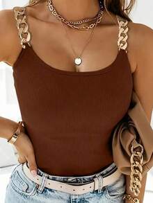 Camiseta Sin Mangas Para Mujer Con Tirantes De Cadena De Metal Y Espalda Descubierta - Café integral - Ver 6