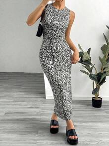 Vestido ajustado sin mangas con estampado de leopardo para mujer - Gris - Ver 7