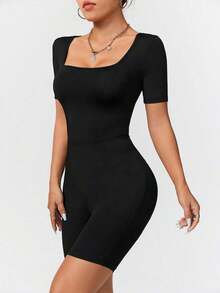 Mono corto de manga corta con cuello cuadrado negro, mono ceñido y delgado apto para el verano para mujeres - Negro - Ver 4