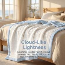 1pc Summer Thin Quilt, Dreamlike Waffle Texture Double-Sided Summer Thin Quilt Blanket, Soft And Smooth Texture, Skin-Friendly, Surface Allows Air Circulation For Cooling In Summer, Refined And Minimalist Color Style Enhances Bedroom Ambiance, Machine Washable With Easy Care - White + Blue - View 1