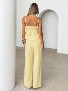 Conjunto de 2 piezas de camiseta de tirantes y pantalones a rayas de moda casual para mujer - Amarillo - Ver 2