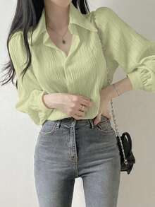Blusa suelta de unicolor con cuello vuelto y pliegues para mujer, color morado, para primavera/verano/otoño, ropa de mujer de manga larga - verde menta - Ver 4