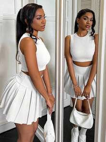 2 piezas Conjunto para mujer con top de tirantes con corazón calado y falda plisada - Blanco - Ver 3
