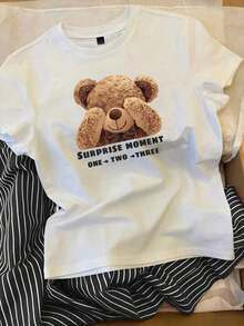 Conjunto de camiseta de manga corta con cuello redondo y estampado de oso de dibujos animados, y pantalones a rayas con cordón en la cintura para mujer - Blanco 3 - Ver 3