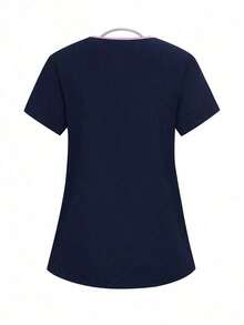 Conjunto de uniforme de pijama de unicolor con parches, cuello en V y manga corta - Azul marino 2 - Ver 4