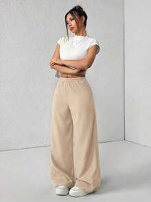 Pantalones de pierna de campana con cintura alta, elásticos y acanalados para mujeres - Caqui - Ver 7