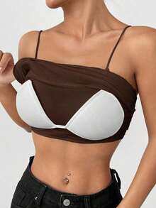 Top básico de tirantes corto acolchado sin sostén para verano - Marrón - Ver 4