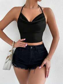 Top halter de cuello con fruncido de espalda abierta con cordón - Negro - Ver 6