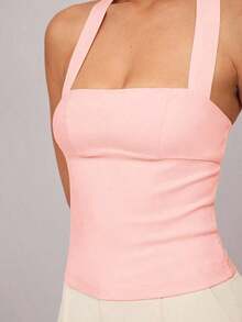 1 Top corto de unicolor con volantes para mujer, camiseta sin mangas ajustada de cuello halter de moda para oficina y transporte, color amarillo mantequilla - Rosa Pálido 2 - Ver 4