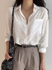 Camisa de bolsillo de un solo pecho sólido, Ropa de mujer de manga larga para otoño - Blanco - Ver 4