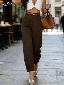 anchos de mujer de color beige sólido, pantalones largos plisados de tela texturizada elegante, adecuados para la oficina y el uso casual en primavera/verano.Cinturón no incluido. - Café integral - Ver 3