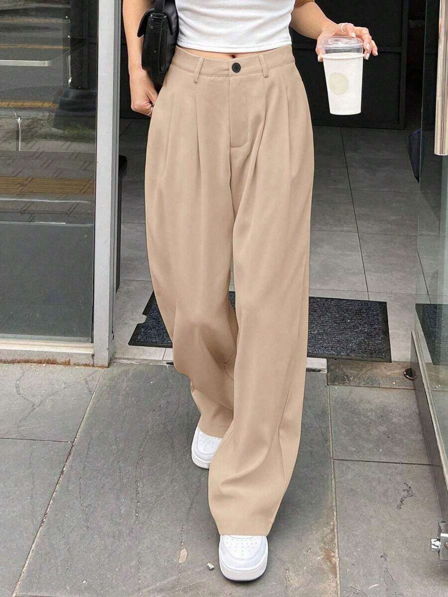 Pantalones de pierna ancha con detalle de plisado de cintura alta, pantalones de vestir para mujer, ropa de vuelta al colegio para otoño - Albaricoque 2 - Ver 1