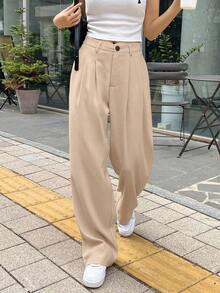 Pantalones de pierna ancha con detalle de plisado de cintura alta, pantalones de vestir para mujer, ropa de vuelta al colegio para otoño - Albaricoque 2 - Ver 8