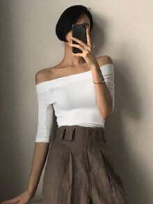 Camiseta negra de manga corta ajustada con hombros descubiertos de unicolor para mujer, primavera/verano - Blanco 2 - Ver 2