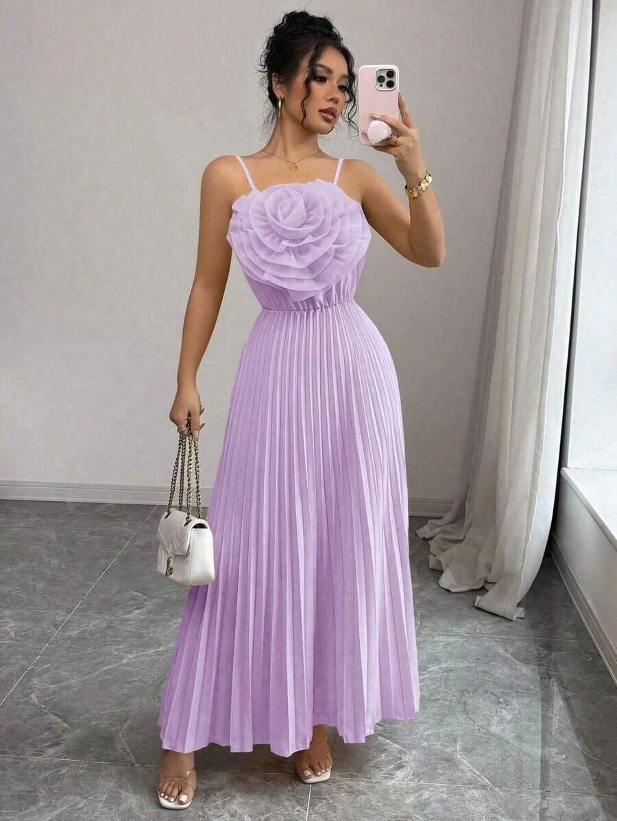 Vestido largo elegante diario de fiesta con flores 3D y cintura fruncida en estilo A-line, vestido de mujer amarillo para primavera y verano - Púrpura malva - Ver 1
