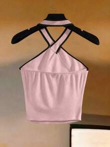Blusa de cuello halter blanca con ribete negro.Ropa de playa, adecuada para otoño e invierno, uso casual en la oficina, versátil, Navidad, Año Nuevo, uso casual y elegante diario, atuendo profesional de maestro urbano - Rosa - Ver 2