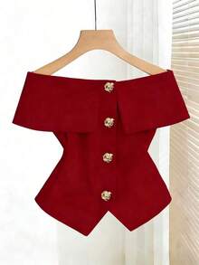 Blusa roja de mujer con hombros descubiertos y cuello, con botones dorados con rosas, ajustada y sexy, perfecta para el Día de San Valentín, elegante para fiestas/cumpleaños, Día de San Valentín, fiestas casuales y atuendo de viaje - Rojo - Ver 5