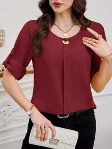 Clasi Blusa casual sencilla para uso diario con cuello redondo, manga corta y botones delanteros para mujer - Burdeos - Ver 1