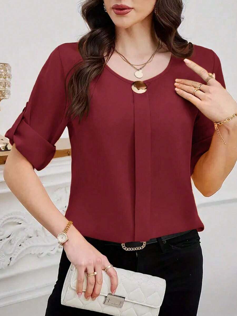 Clasi Blusa casual sencilla para uso diario con cuello redondo, manga corta y botones delanteros para mujer - Burdeos - Ver 1