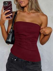 Top tubo sencillo y elegante con cintura fruncida, adecuado para verano, top tubo azul marino, tops tubo para mujer, top sin tirantes para mujer, top tubo azul marino - Burdeos - Ver 5