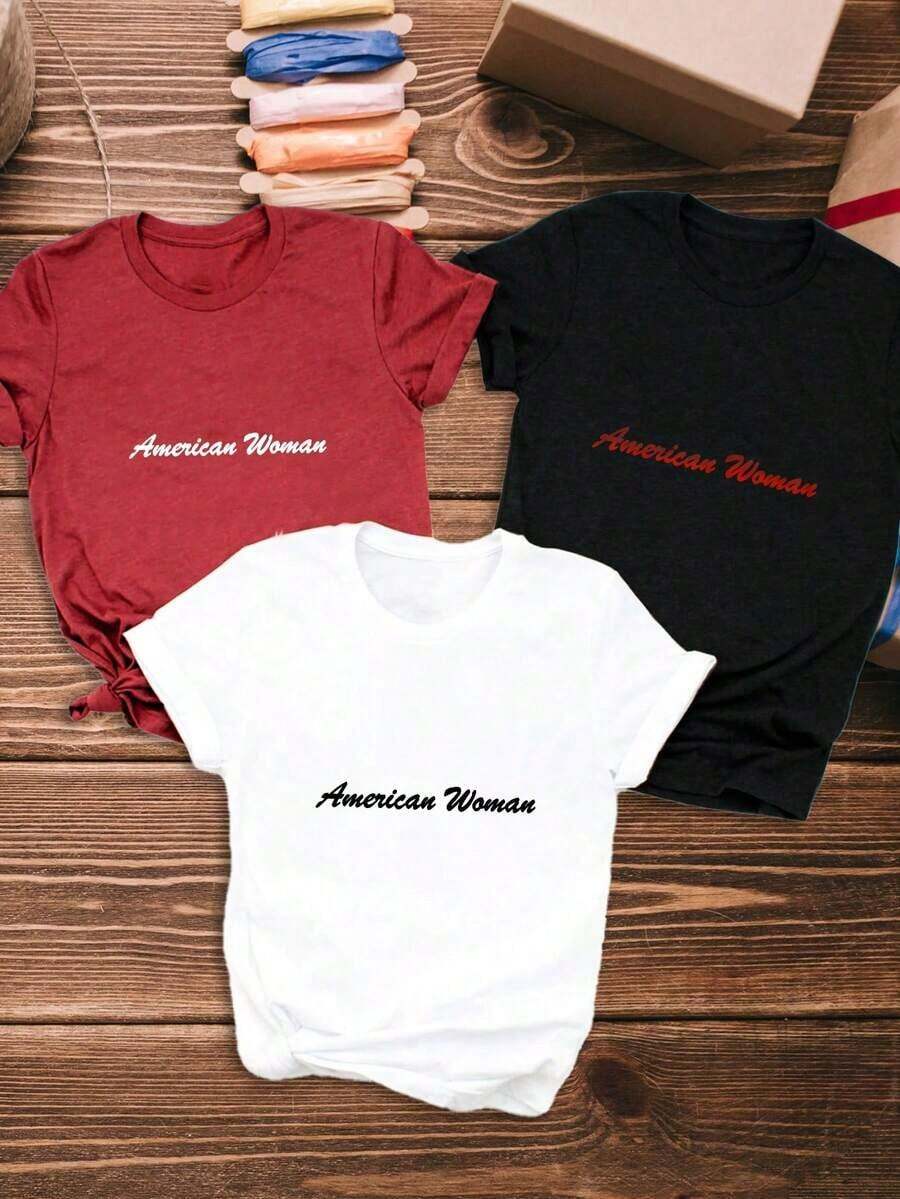 New 2026 Model, Women's One-Piece Short-Sleeve Casual T-Shirt, Set Of 3, Unit 1 Women's American Design Printed T-Shirt, Women's Round Neck Short-Sleeve T-Shirt, Pure Cotton Breathable Casual Sports Top, Holiday Gift, Spring Butterfly, Easter. - 黑色 - 查看 1
