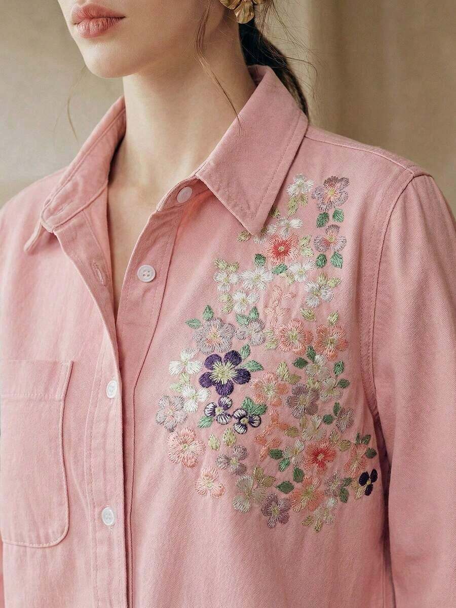 Camisa de mujer de manga larga con bordado floral elegante, romántica para fiestas, vacaciones, combina con jeans, primavera/verano - Rosa - Ver 1