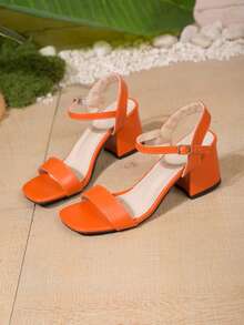 Gentle Style Solid Color Strap Thick Heel Sandals, Square Toe Buckle Closure Summer Casual Women Shoes,Chunky Heels - Orange - View 7