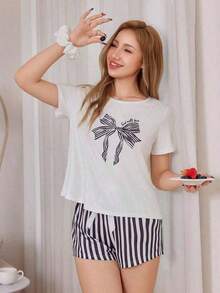 Women's Short-Sleeved Pajama Set With Striped Print And Ties - 白色的 - 查看 3