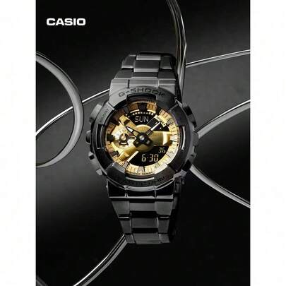 Casio 卡西欧 G-Shock GM-110BD 手表，黑金金属运动手表，200米防水防震手表，LED背光石英表，不锈钢表带手表，街头风腕表，金属表壳运动手表，银黑撞色手表，男女通用手表，防震防水情侣手表，商务休闲手表