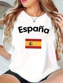 Women's Spanish Flag And Spain Print Camisole - Short-Sleeved Spanish National Pride Camisole With Spanish Text, Casual And Semi-Formal Wear, Machine-Washable Crew Neck Top For Spanish Cultural Events, Suitable For Year-Round Wear. Ideal As A Gift. Women's T-Shirt. Elegant. Bohemian Style. Soft, Breathable, And Comfortable Garment, Perfect For Spring, Summer, And Autumn; Ideal For Vacations, Travel, And Everyday Wear. Perfect For Watching A Game. - 白色的 - 查看 2
