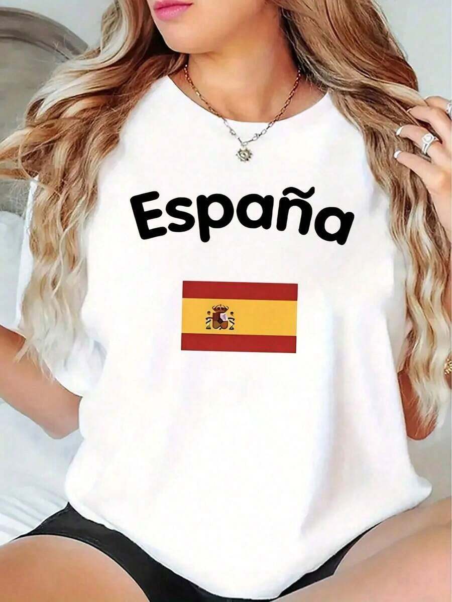 Women's Spanish Flag And Spain Print Camisole - Short-Sleeved Spanish National Pride Camisole With Spanish Text, Casual And Semi-Formal Wear, Machine-Washable Crew Neck Top For Spanish Cultural Events, Suitable For Year-Round Wear. Ideal As A Gift. Women's T-Shirt. Elegant. Bohemian Style. Soft, Breathable, And Comfortable Garment, Perfect For Spring, Summer, And Autumn; Ideal For Vacations, Travel, And Everyday Wear. Perfect For Watching A Game. - 白色的 - 查看 1