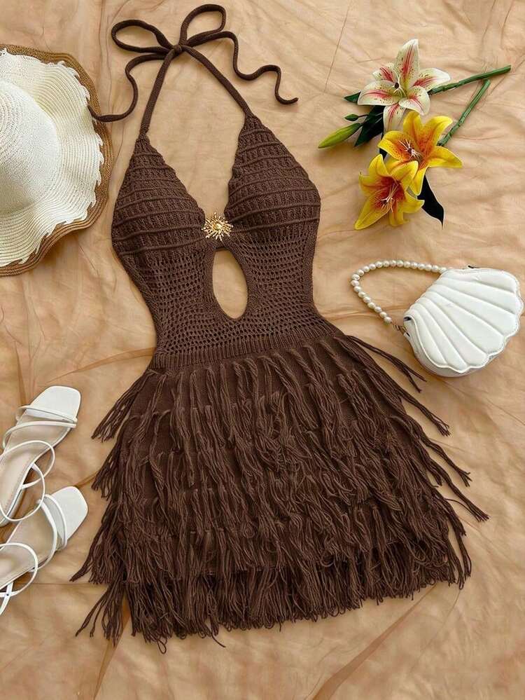 Vestido de suéter ajustado con cuello en V, escote halter y espalda con lazo, estilo bohemio, para vacaciones, otoño/invierno - Café integral - Añade 12