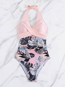 Nuevo traje de baño para mujer, bikini de una pieza a la moda, traje de baño sexy de una pieza para la playa. - Hojas de fondo negro + negro - Ver 8