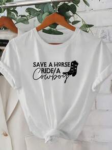1 Women's Short Sleeve Summer T-Shirt - 2D Geometric Print With The Phrase "Save A Horse, Ride A Cowboy," Combined With A Cowboy Boot Design. Modern Urban Style. | Youthful Design | Comfortable Fit, Stylish Clothing, 180g, 100% Cotton - 白色 - 查看 1