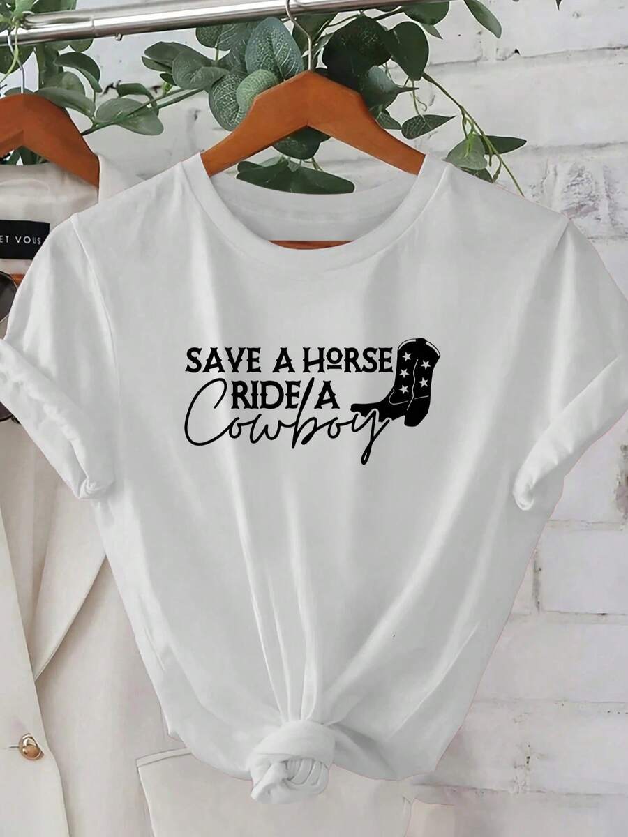 1 Women's Short Sleeve Summer T-Shirt - 2D Geometric Print With The Phrase "Save A Horse, Ride A Cowboy," Combined With A Cowboy Boot Design. Modern Urban Style. | Youthful Design | Comfortable Fit, Stylish Clothing, 180g, 100% Cotton - 白色 - 查看 1