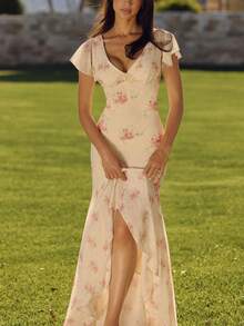 DOUCIU Women's Floral Print Short Sleeve V-Neck Asymmetric Ruffle Hem Fitted Bohemian Style Dress, Suitable For Backyard Garden Vintage Style - Pink - View 3