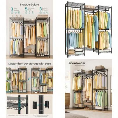 Heavy-Duty Clothes Rack, Garment Rack, Portable Closet, 56.9-Inch Wide Clothing Rack, With Adjustable Mesh Shelves And Hanging Rails, Ink Black ULGR432B01