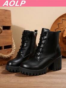 European & American Minimalist Style Autumn/Winter New High Heel Ankle Boots, Metal Belt Decor, Rhinestone Buckle, Chunky Heel & Platform - Black - View 8