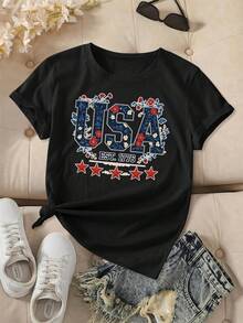 Women's American Patriotic T-Shirt 2026 Vintage 1776 Design - Casual Red Short Sleeve Crew Neck Top, Stars And Stripes Design, All Season Comfort, Machine Washable, American Flag T-Shirt. - 黑色 - 查看 1
