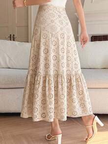 Falda elegante de mujer con volantes bordados y dobladillo calado en color albaricoque - Albaricoque - Ver 2