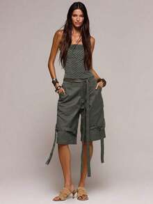 Pantalones cortos de carga con detalles de puntada y pierna ancha, perfectos para primavera y verano, para citas, salidas nocturnas, festivales, vacaciones y talla grande - Gris Oscuro - Ver 11