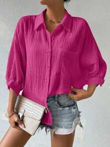Camisa de mujer minimalista y casual de unicolor con botones delanteros, textura y hombros caídos - Rosa Fucsia - Ver 6